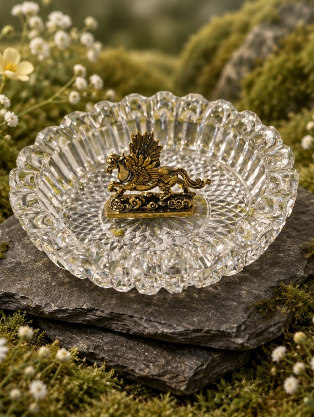 Crystal Scalloped Bowl with Brass Pegasus Trinket